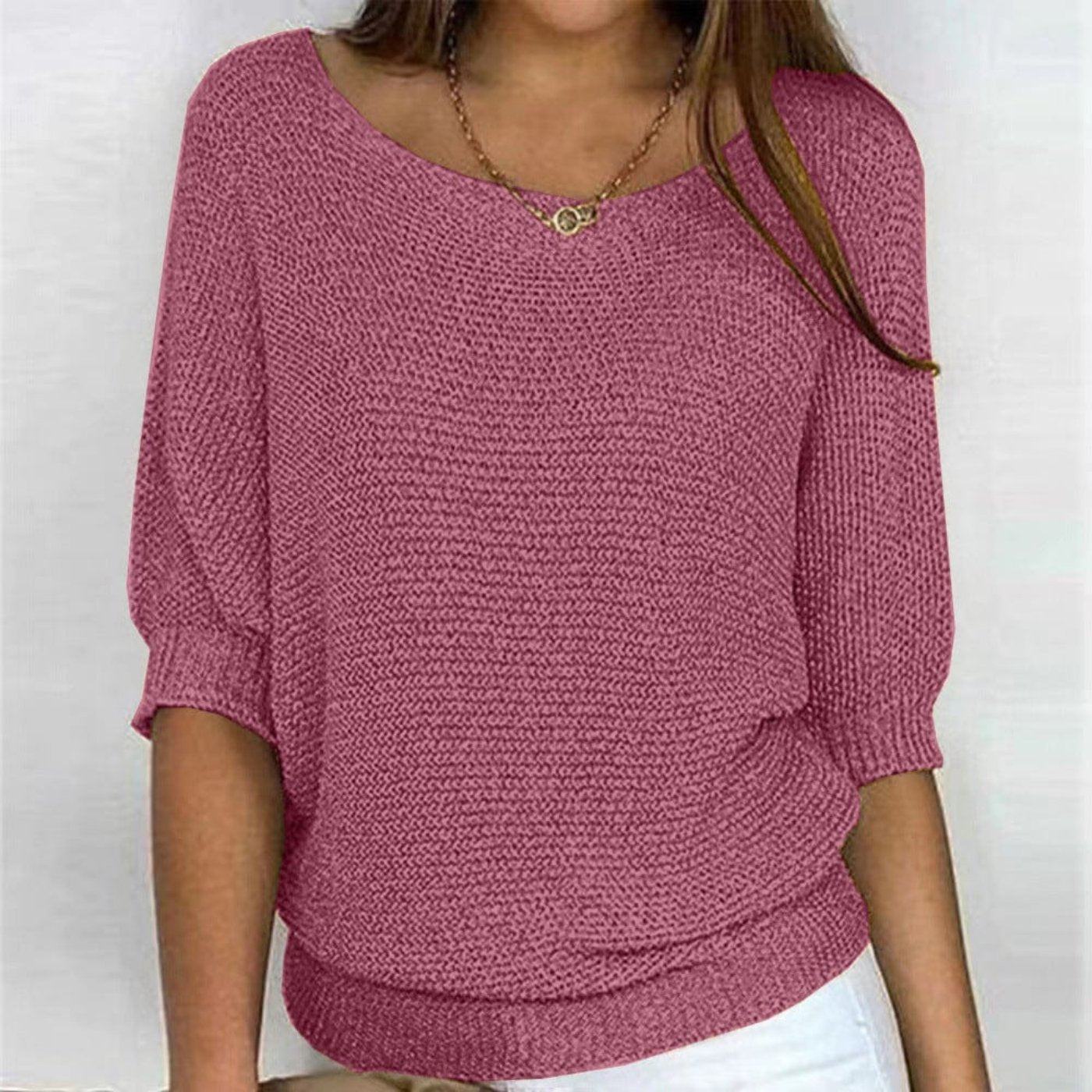 Women's Cotton Blend Sweater 3/4 Sleeve Oversized Knit Top - Mauve Pink