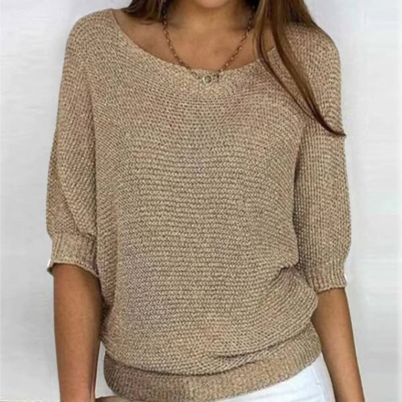 Women's Cotton Blend Sweater 3/4 Sleeve Oversized Knit Top - Beige
