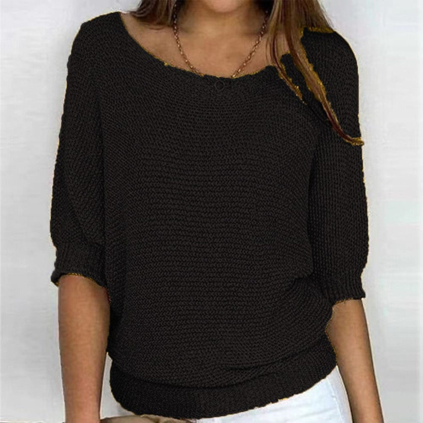 Women's Cotton Blend Sweater 3/4 Sleeve Oversized Knit Top - Black