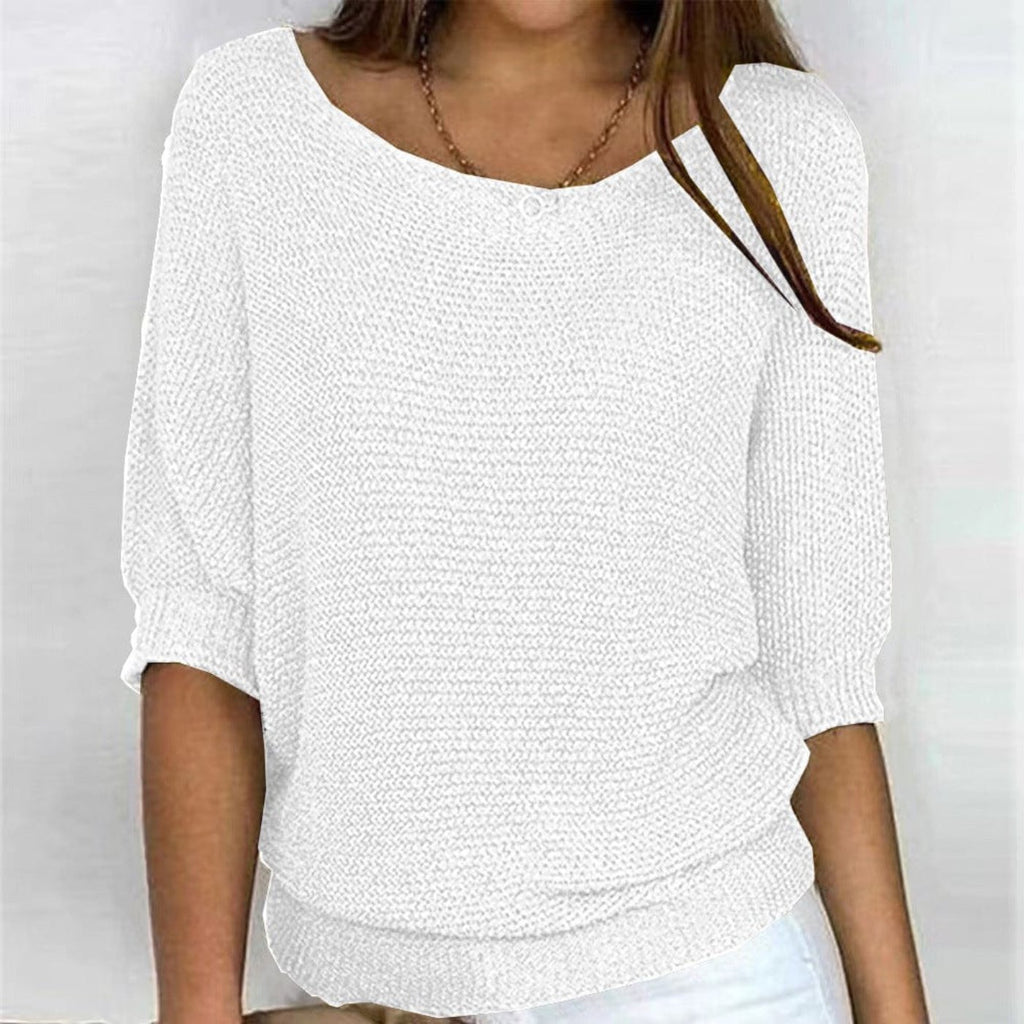 Women's Cotton Blend Sweater 3/4 Sleeve Oversized Knit Top - White