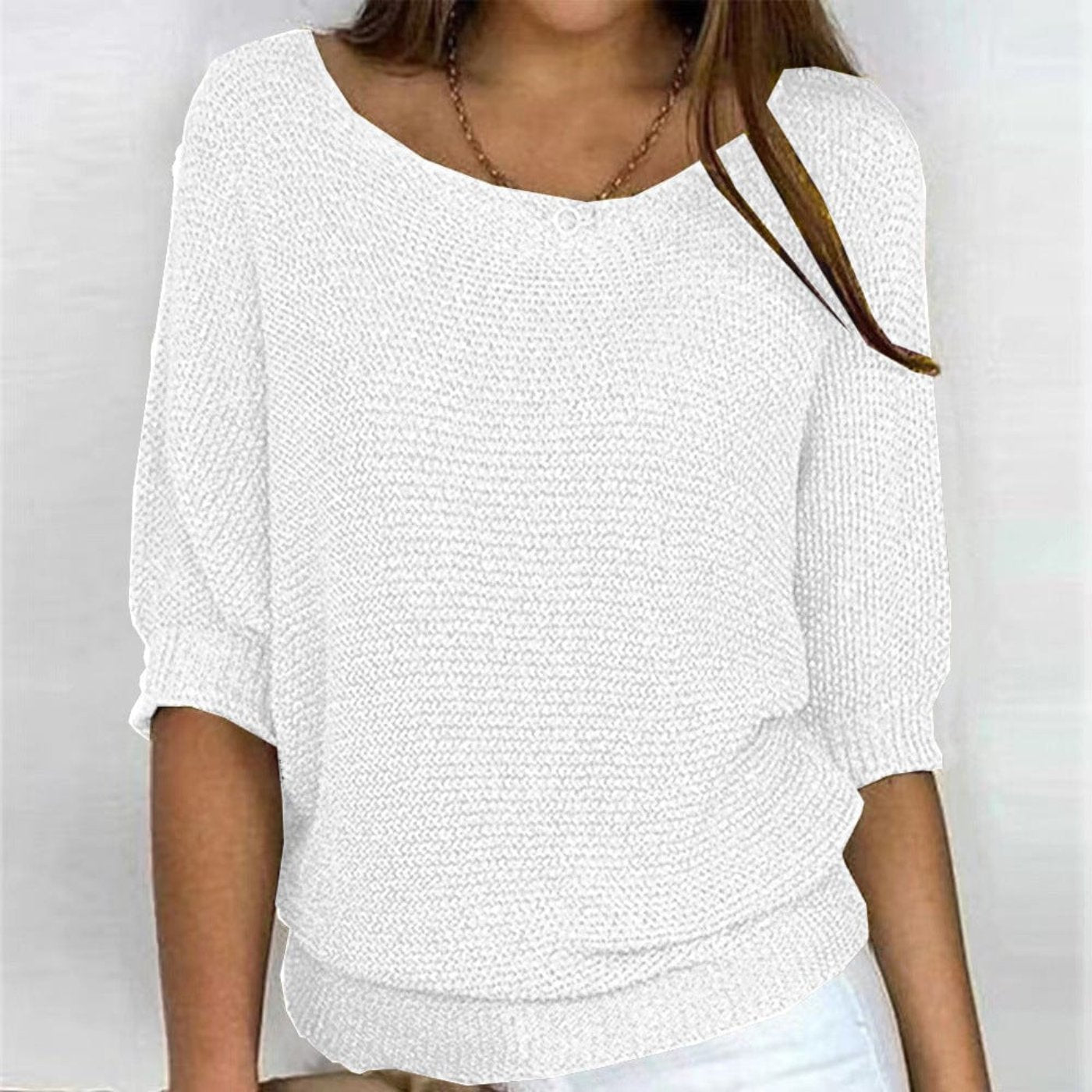 Women's Cotton Blend Sweater 3/4 Sleeve Oversized Knit Top - White