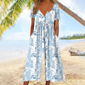 Women's Cotton Button-Front Short-Sleeve Culotte Jumpsuit - Light Blue