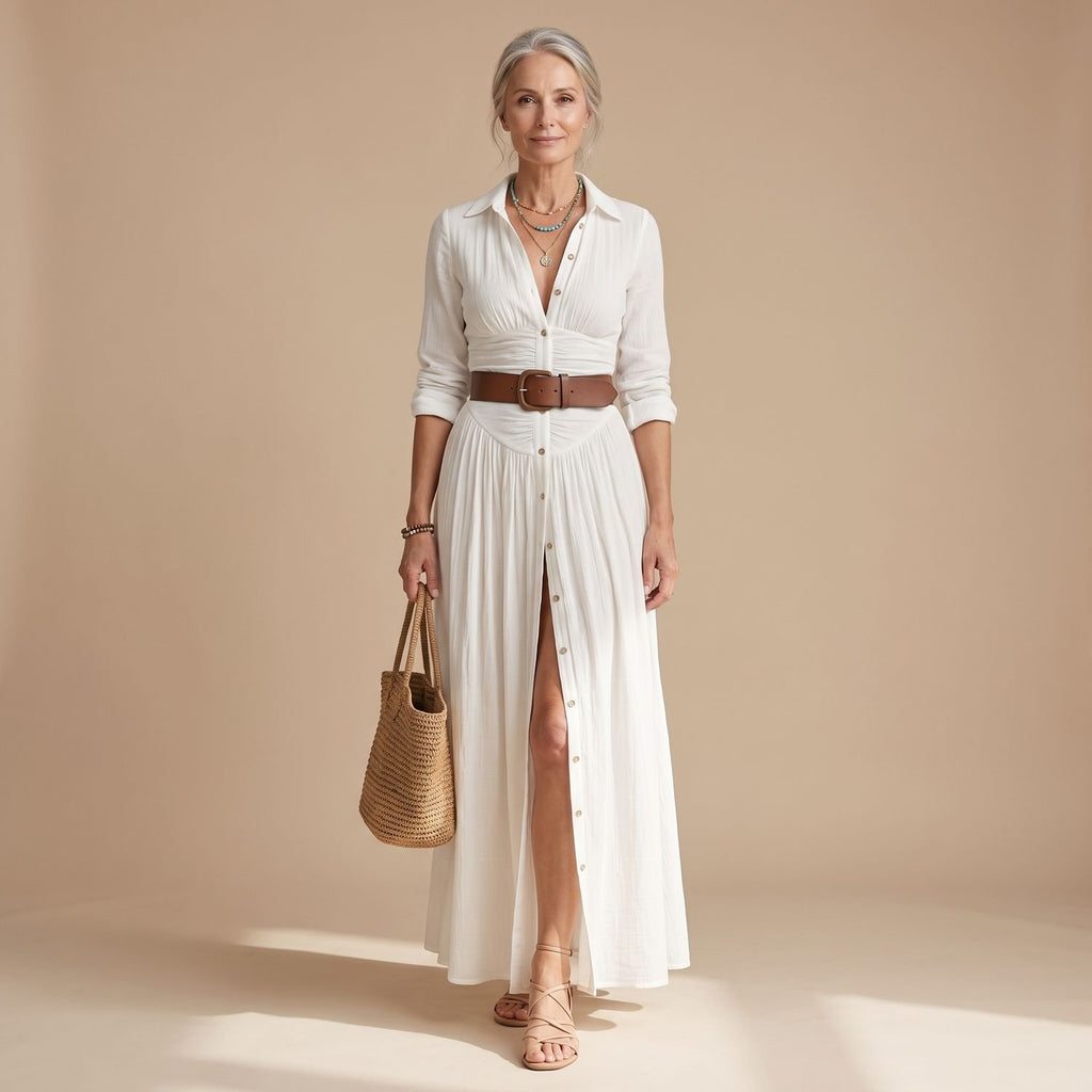 Women's Cotton-Linen Button-Down Long Sleeve Maxi Dress - White