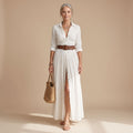 Women's Cotton-Linen Button-Down Long Sleeve Maxi Dress - White