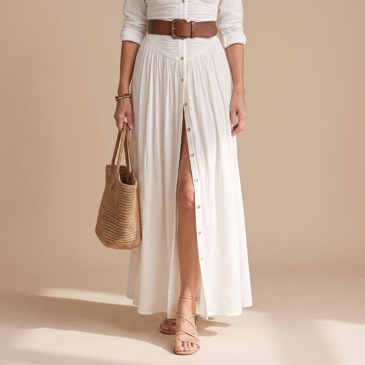 Women's Cotton-Linen Button-Down Long Sleeve Maxi Dress