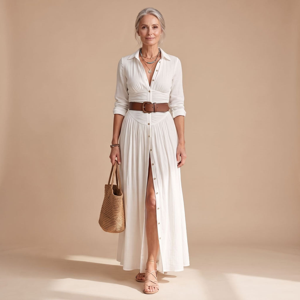 Women's Cotton-Linen Button-Down Long Sleeve Maxi Dress