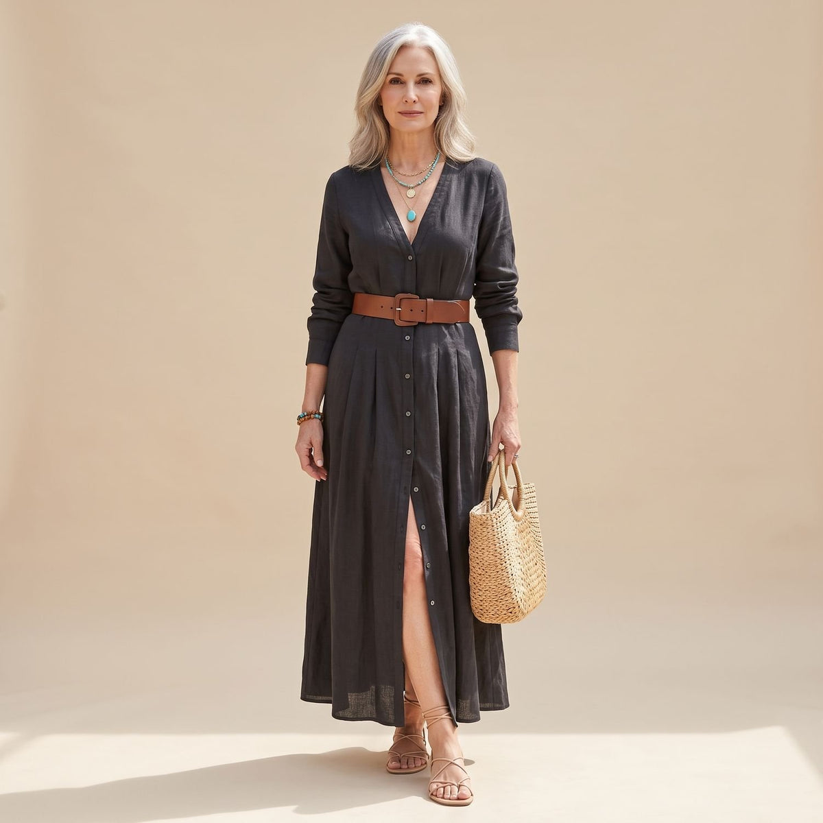 Women's Cotton-Linen Button-Down Long Sleeve Maxi Dress - Black