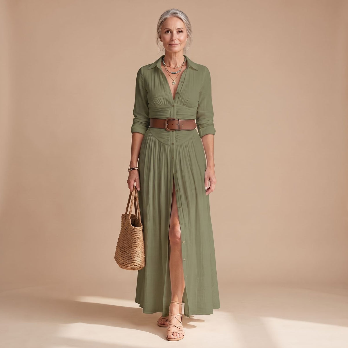 Women's Cotton-Linen Button-Down Long Sleeve Maxi Dress - Green