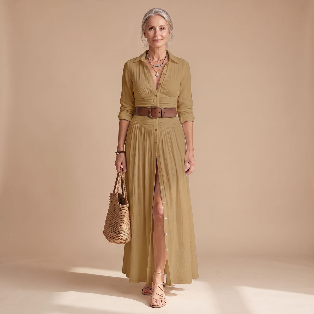 Women's Cotton-Linen Button-Down Long Sleeve Maxi Dress - Brown