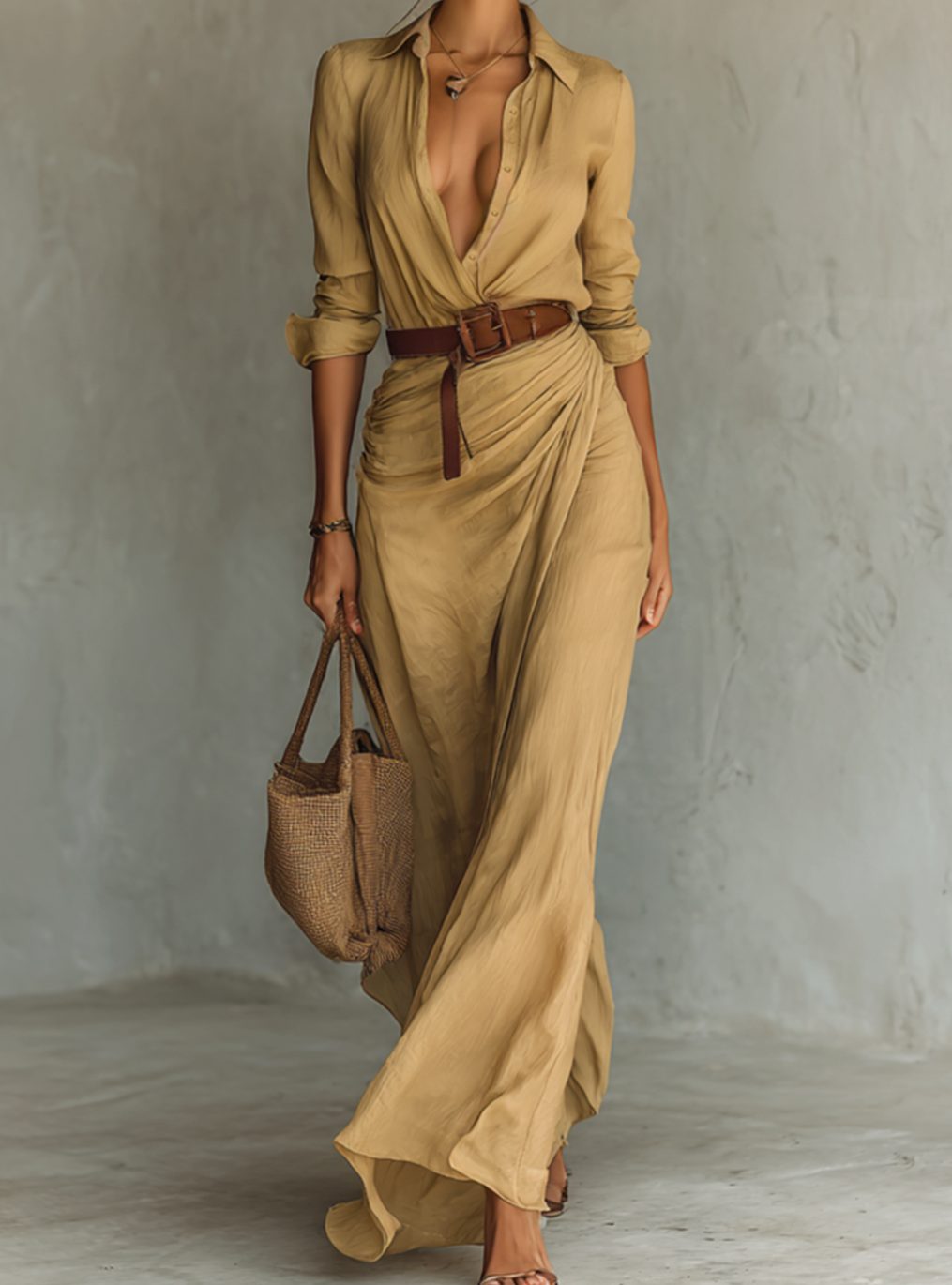 Women's Cotton Tencel Long Sleeve Belted Maxi Shirt Dress - Khaki