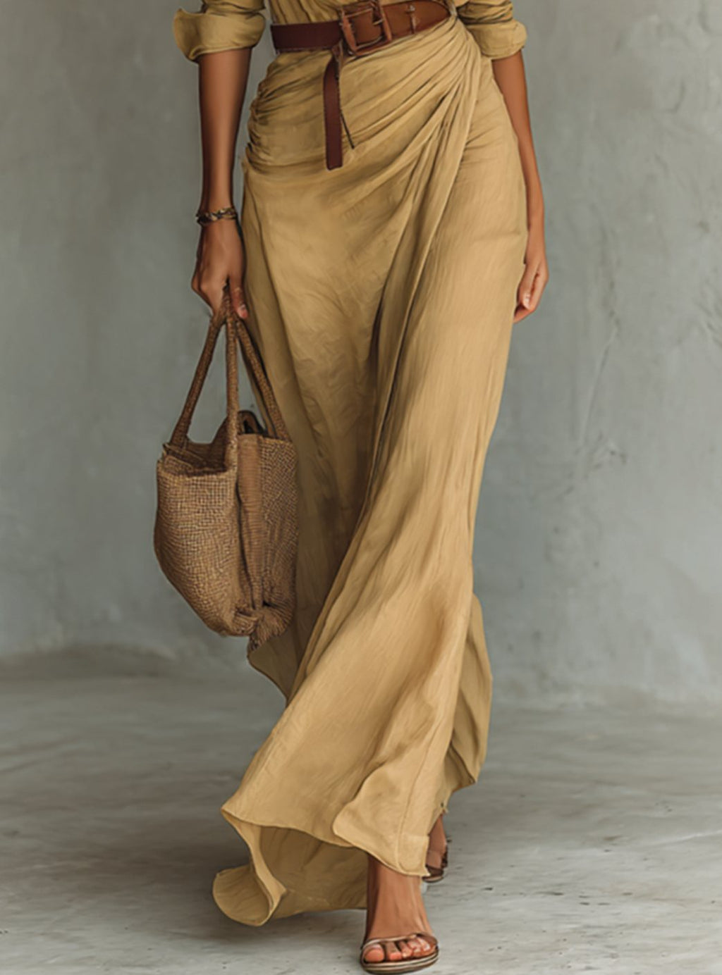 Women's Cotton Tencel Long Sleeve Belted Maxi Shirt Dress