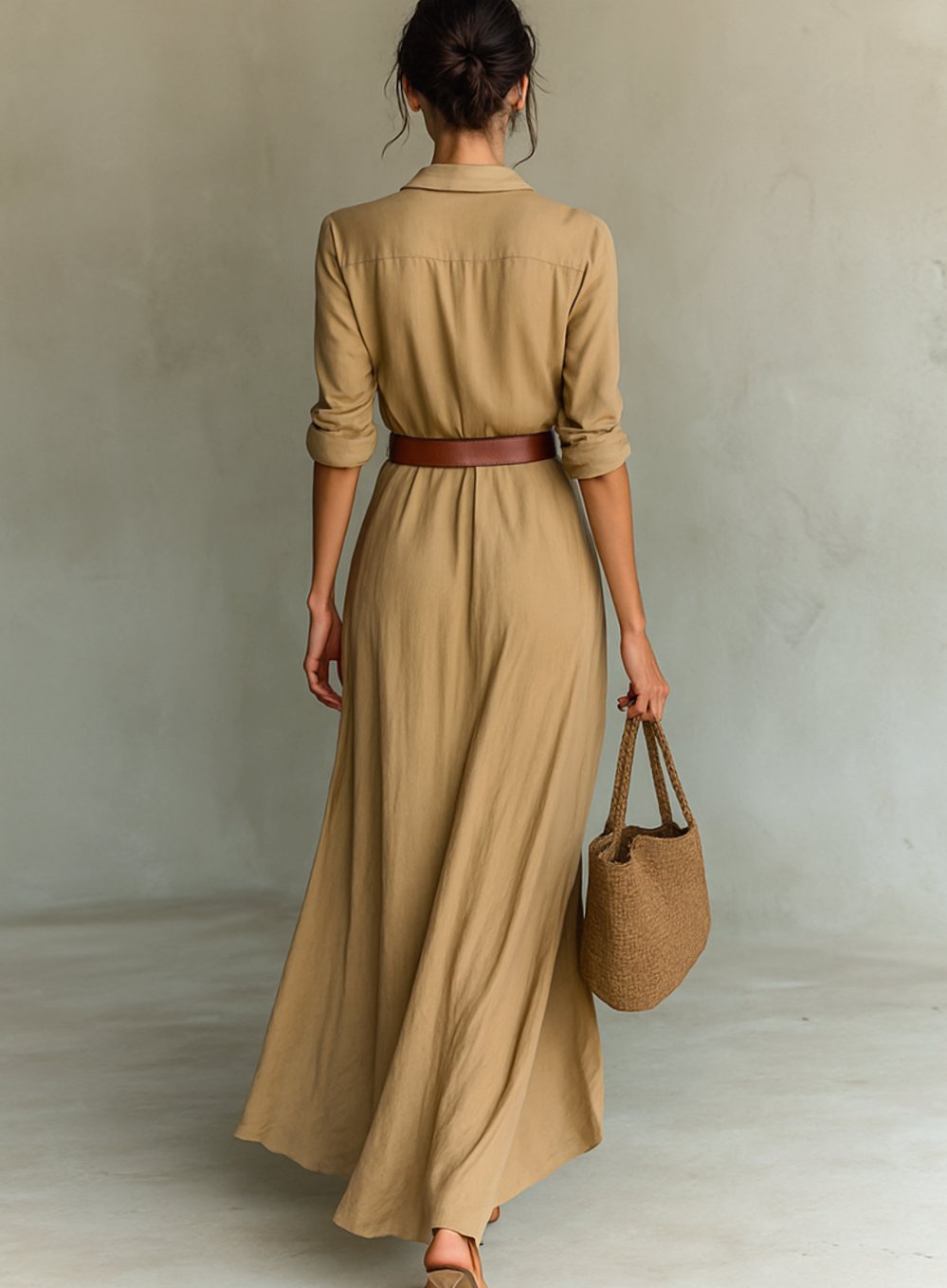 Women's Cotton Tencel Long Sleeve Belted Maxi Shirt Dress