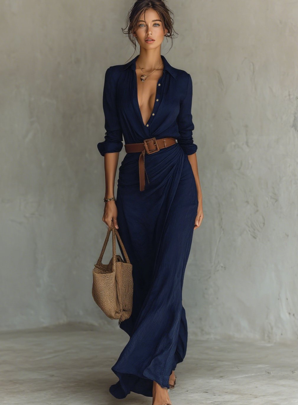 Women's Cotton Tencel Long Sleeve Belted Maxi Shirt Dress - Navy Blue