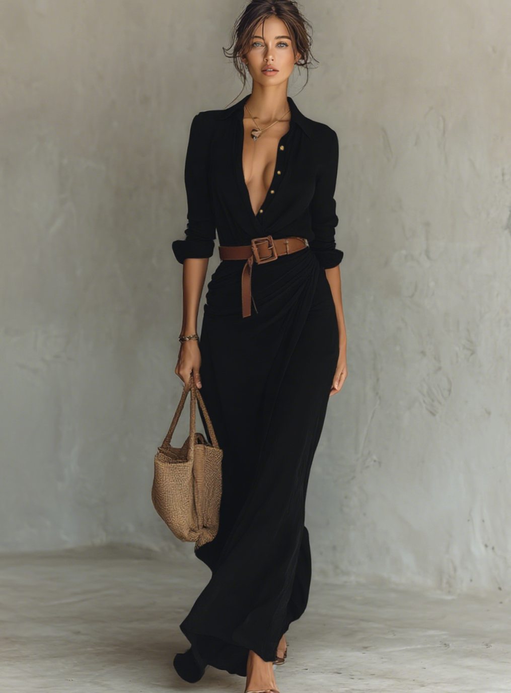 Women's Cotton Tencel Long Sleeve Belted Maxi Shirt Dress - Black