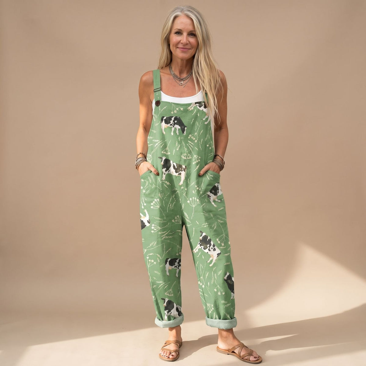 Women's Cow Print Relaxed-Fit Adjustable-Strap Jumpsuit