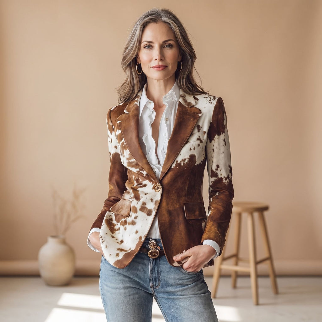 Women's Cow Print Single-Button Structured Blazer - Brown