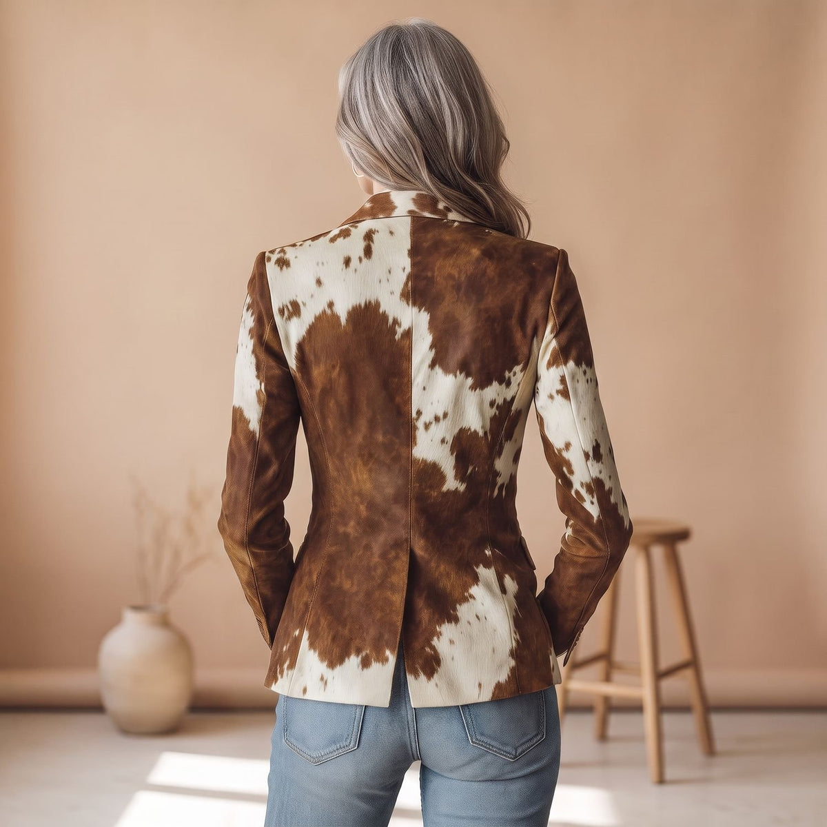 Women's Cow Print Single-Button Structured Blazer