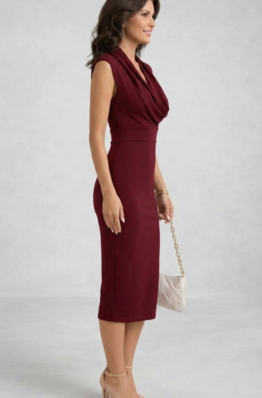 Women's Cowl Neck Sleeveless Fitted Midi Cocktail Dress