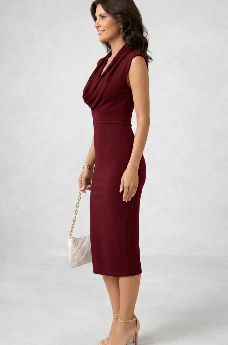 Women's Cowl Neck Sleeveless Fitted Midi Cocktail Dress