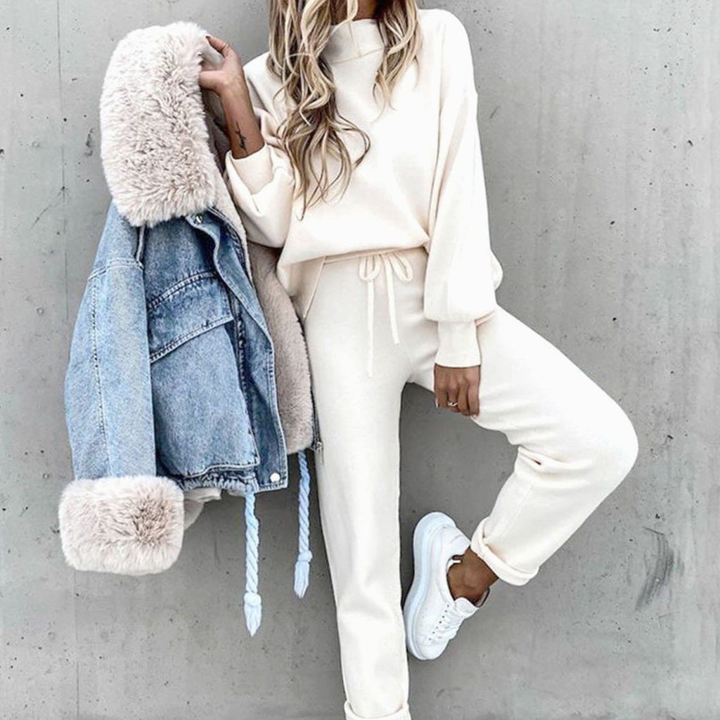 Women's Cozy Two-Piece Tracksuit Outfit Relaxed Drawstring Jogger Set - White