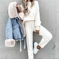 Women's Cozy Two-Piece Tracksuit Outfit Relaxed Drawstring Jogger Set - White