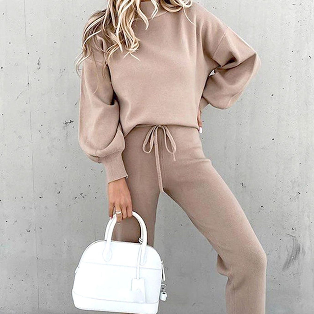 Women's Cozy Two-Piece Tracksuit Outfit Relaxed Drawstring Jogger Set - Grey Pink