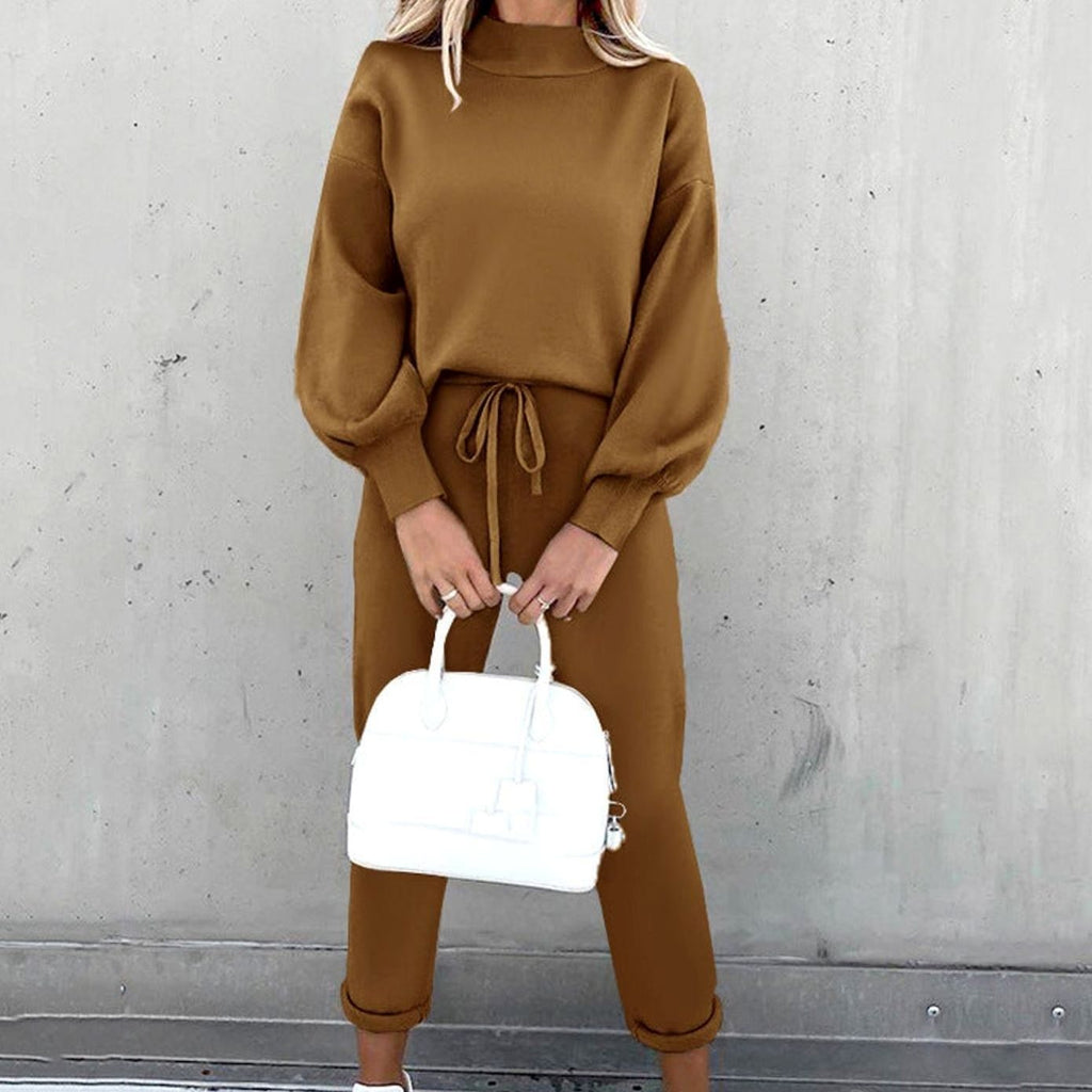 Women's Cozy Two-Piece Tracksuit Outfit Relaxed Drawstring Jogger Set - Coffee