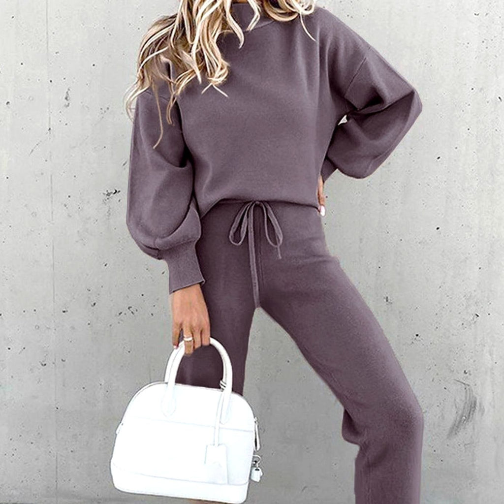 Women's Cozy Two-Piece Tracksuit Outfit Relaxed Drawstring Jogger Set - Purple
