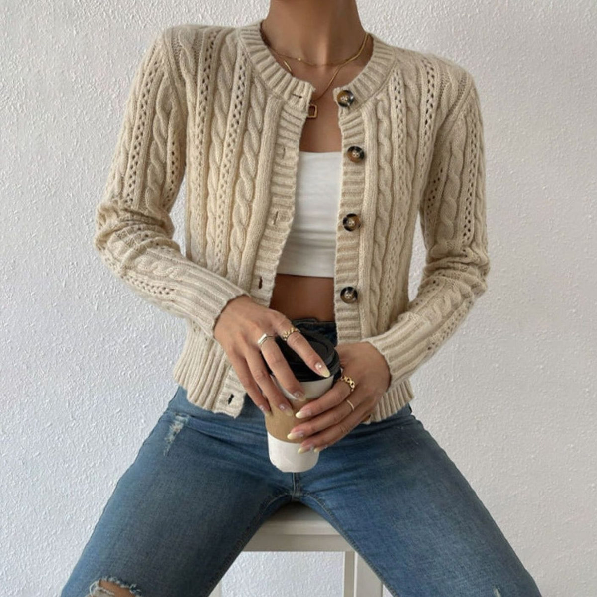 Women's Cropped Cable Knit Button-Front Cardigan - Apricot