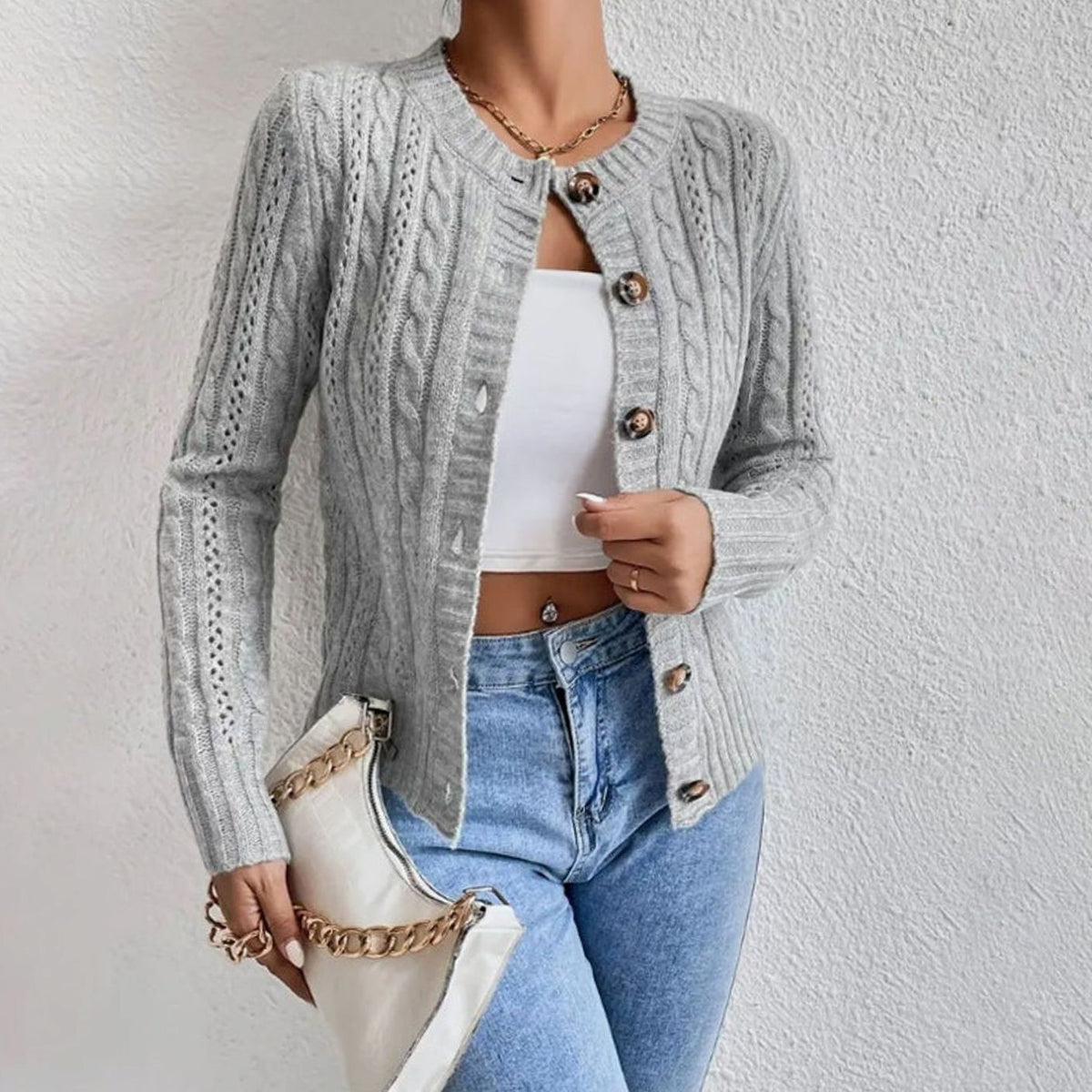 Women's Cropped Cable Knit Button-Front Cardigan - Gray