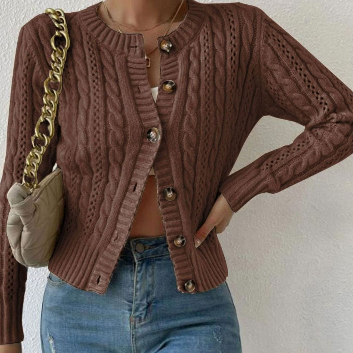 Women's Cropped Cable Knit Button-Front Cardigan - Brown