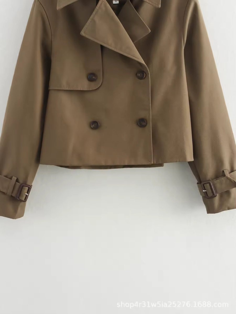 Women's Cropped Double-Breasted Trench Coat Buckle-Cuff Jacket