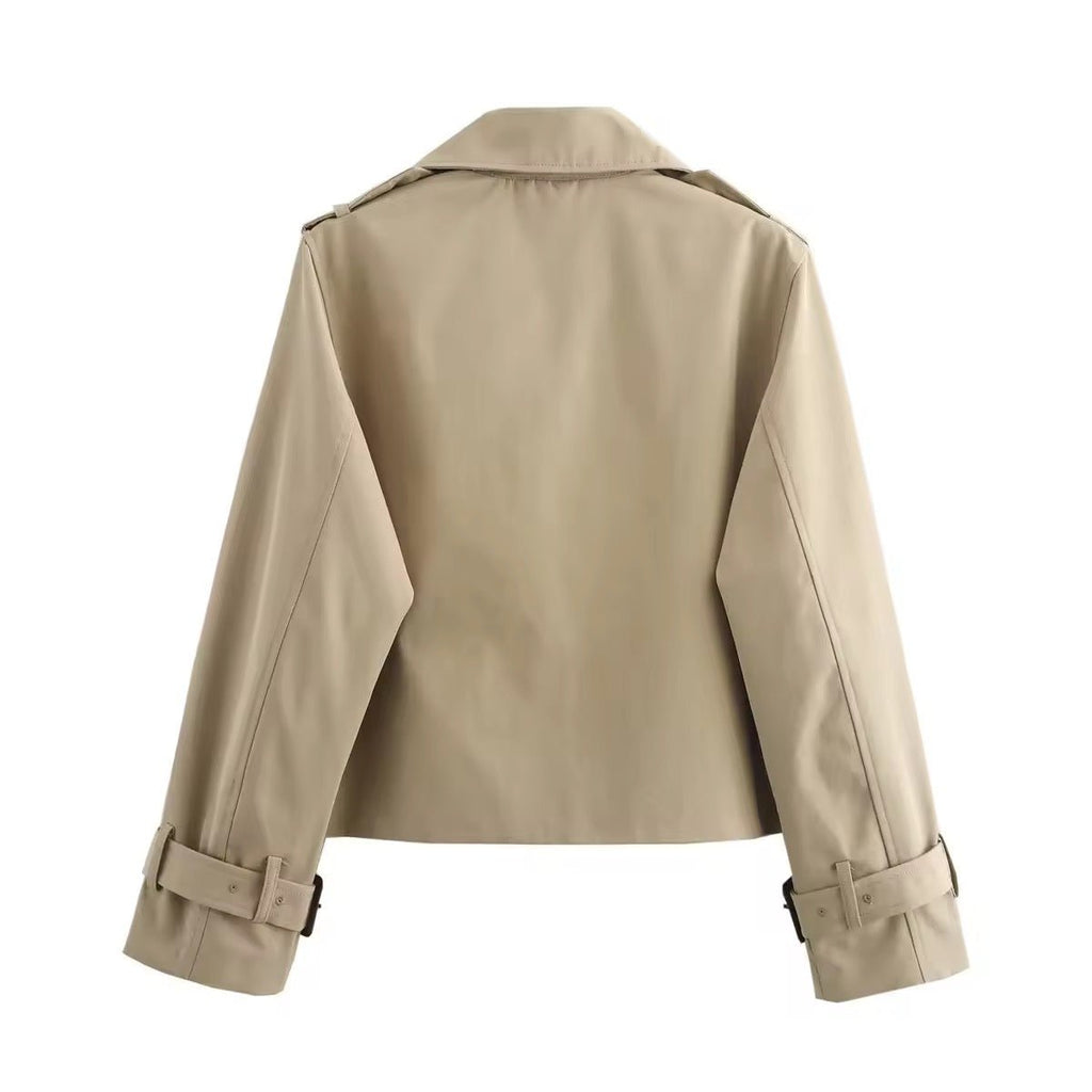 Women's Cropped Double-Breasted Trench Coat Buckle-Cuff Jacket