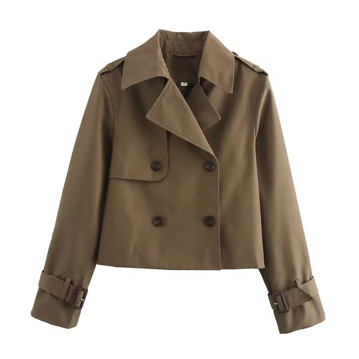 Women's Cropped Double-Breasted Trench Coat Buckle-Cuff Jacket - Brown