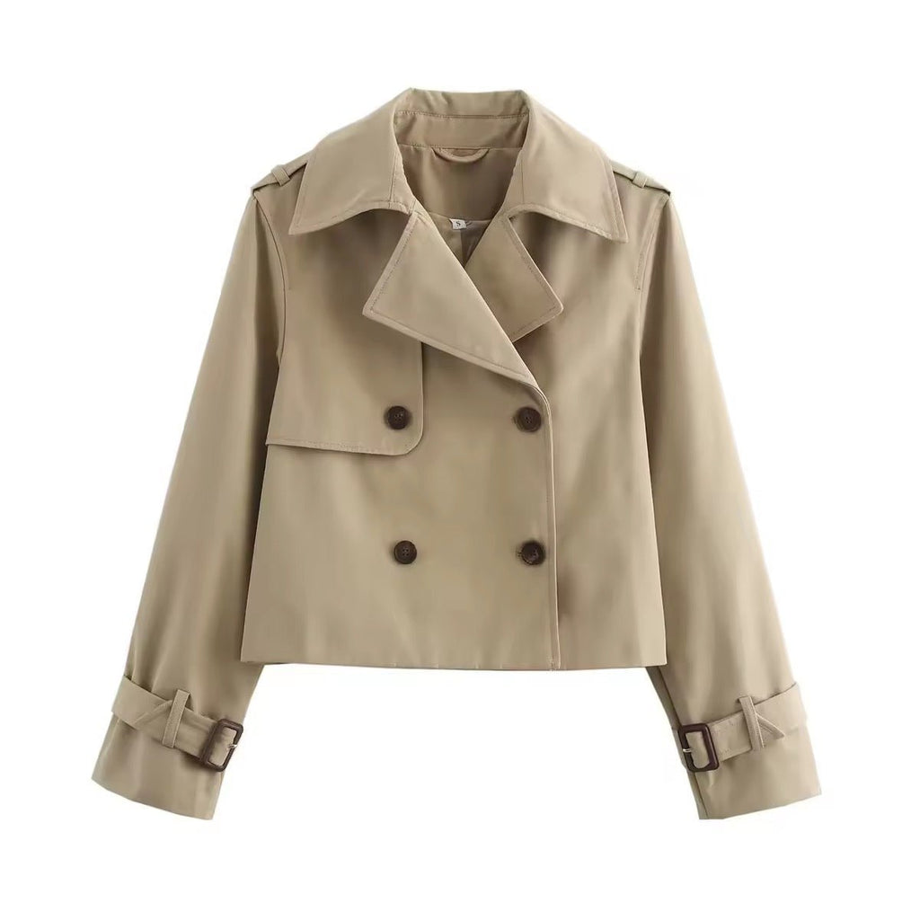 Women's Cropped Double-Breasted Trench Coat Buckle-Cuff Jacket - Beige