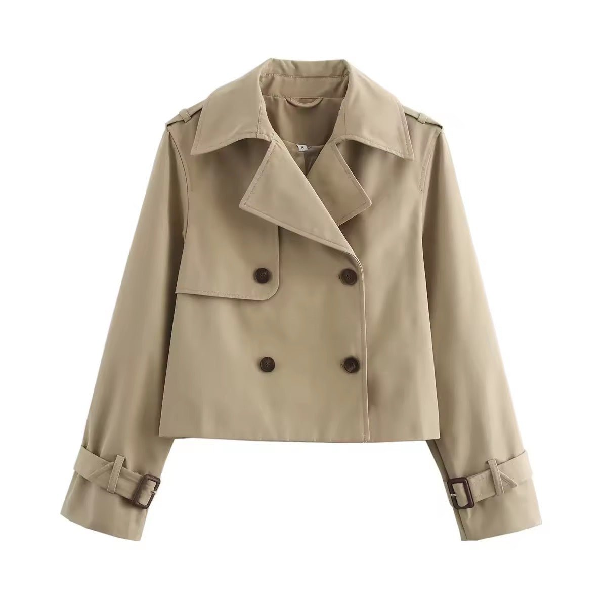 Women's Cropped Double-Breasted Trench Coat Buckle-Cuff Jacket - Beige