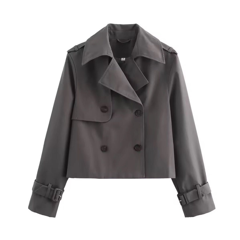 Women's Cropped Double-Breasted Trench Coat Buckle-Cuff Jacket - Gray