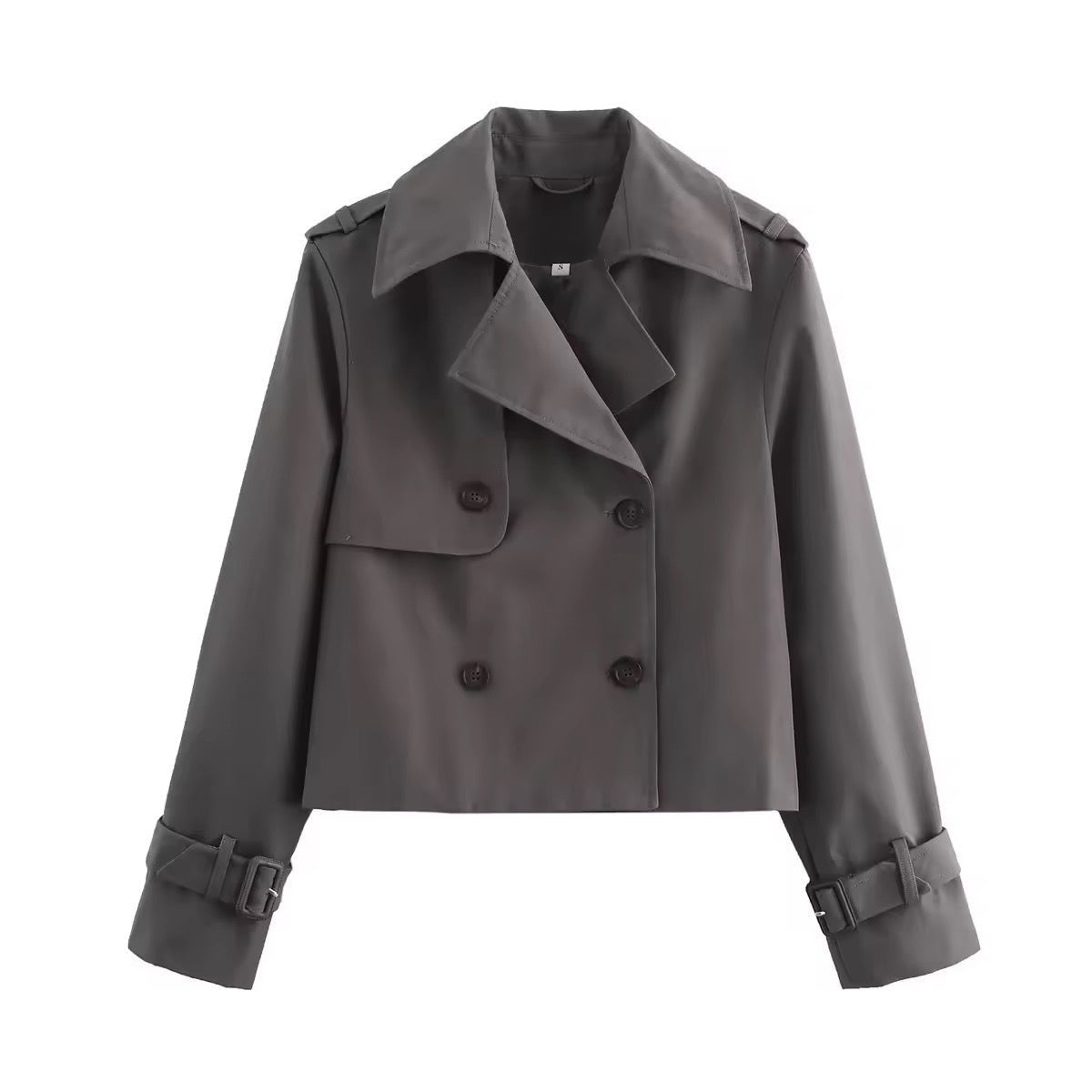 Women's Cropped Double-Breasted Trench Coat Buckle-Cuff Jacket - Gray
