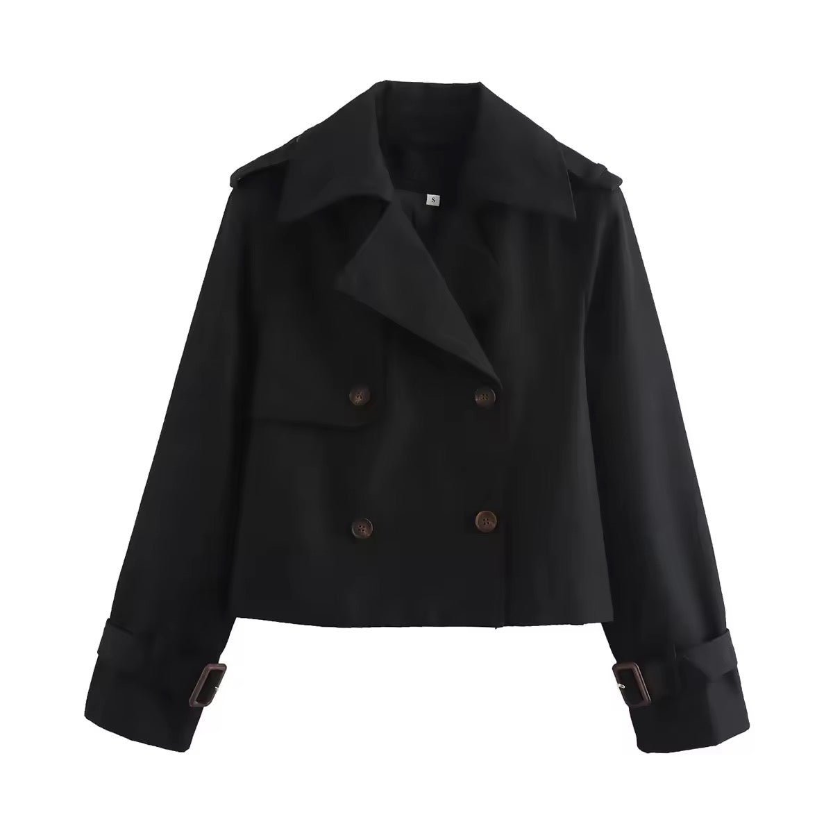Women's Cropped Double-Breasted Trench Coat Buckle-Cuff Jacket - Black