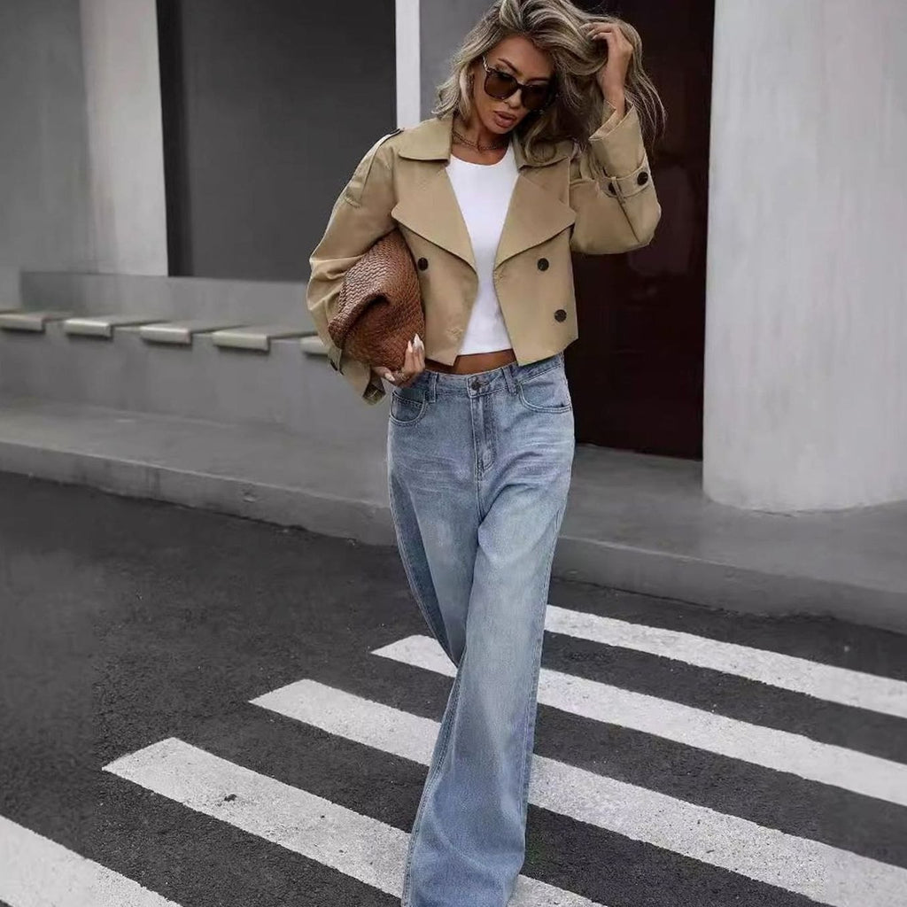 Women's Cropped Double-Breasted Trench Coat Lapel Collar