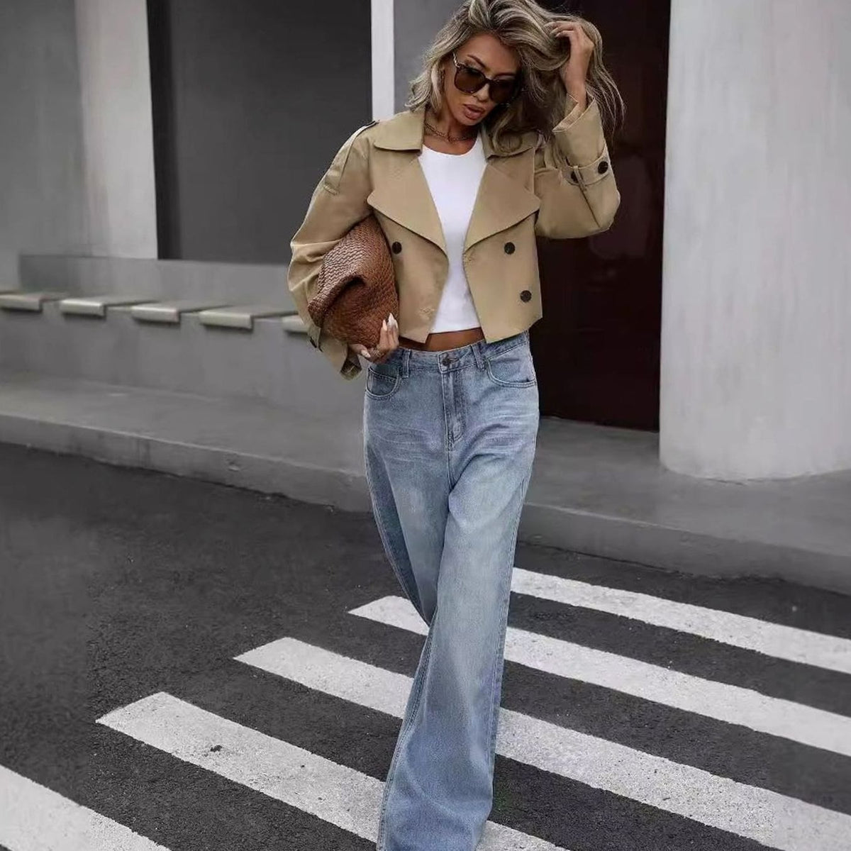 Women's Cropped Double-Breasted Trench Coat Lapel Collar