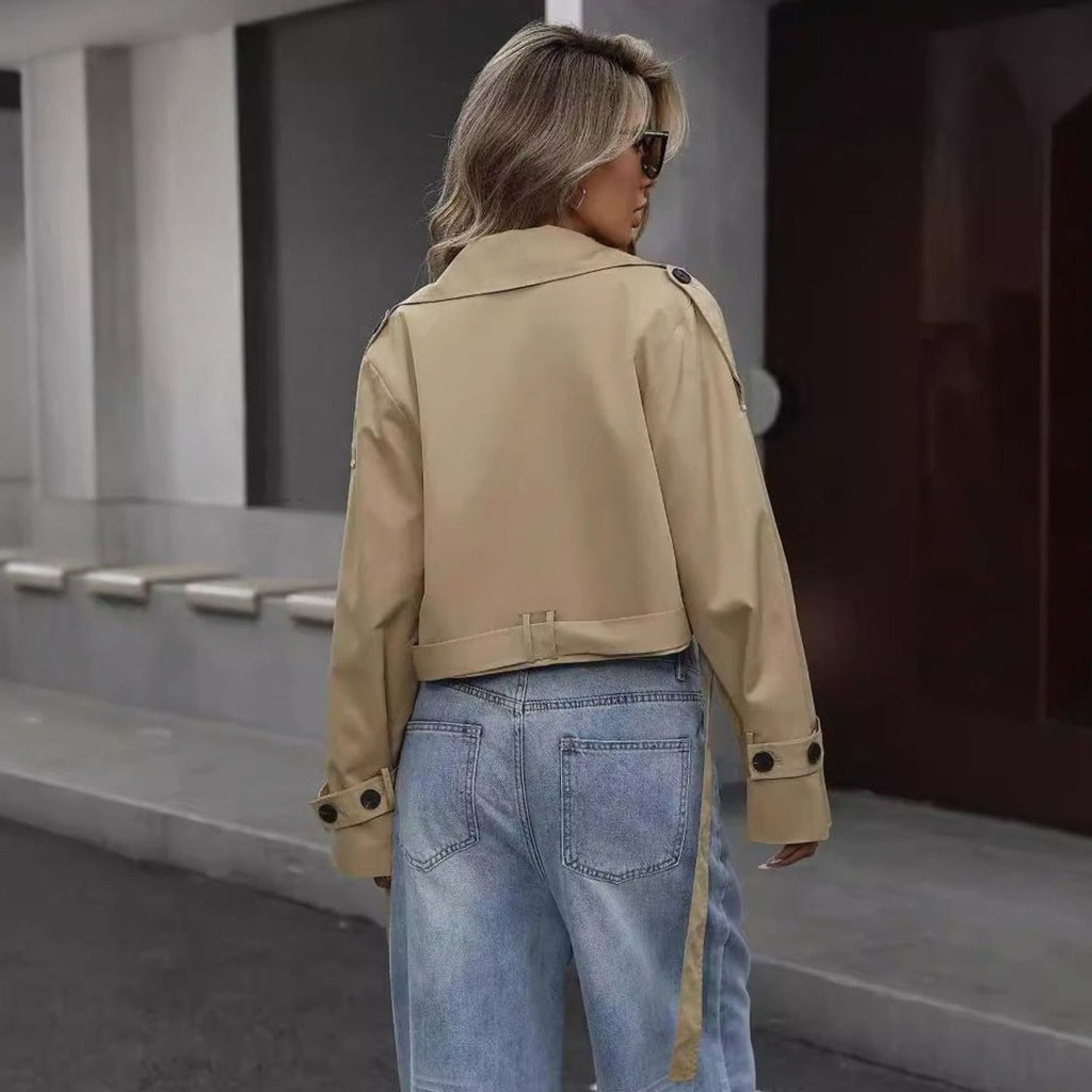 Women's Cropped Double-Breasted Trench Coat Lapel Collar