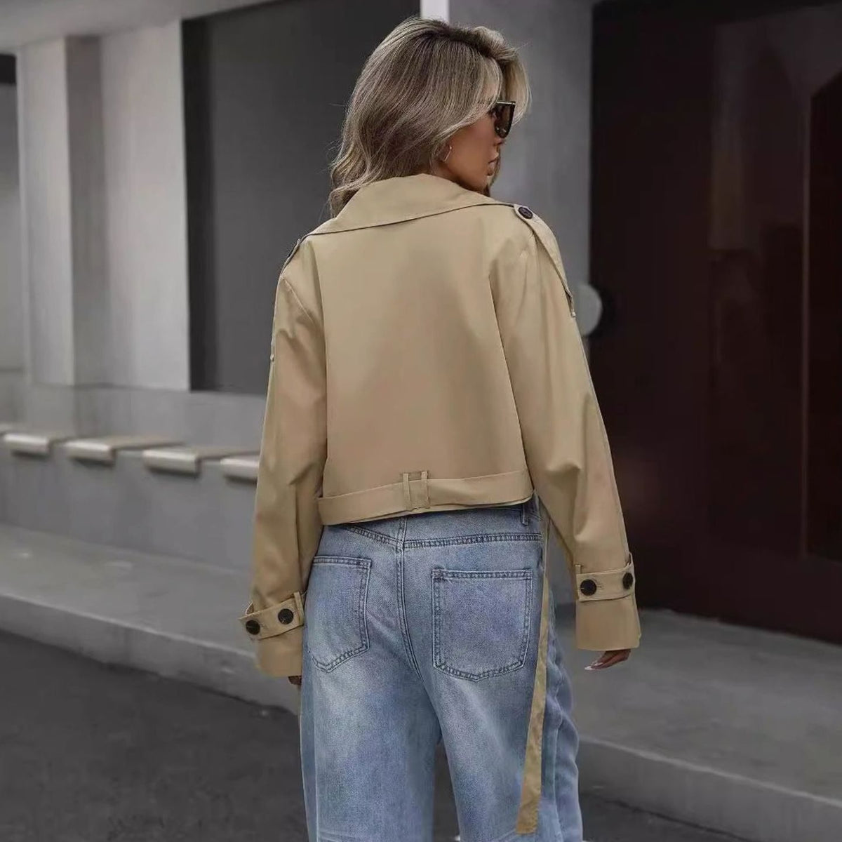 Women's Cropped Double-Breasted Trench Coat Lapel Collar