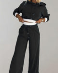 Women's Cropped Hoodie Wide-Leg Drawstring Tracksuit Set - Black