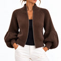 Women's Cropped Knit Cardigan Puff Sleeve High-Collar Zip-Up Sweater - Brown