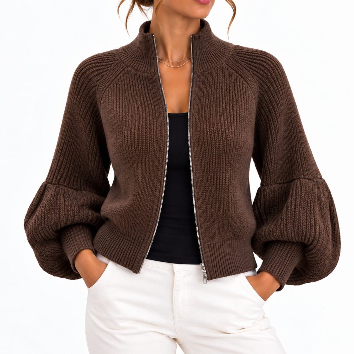 Women's Cropped Knit Cardigan Puff Sleeve High-Collar Zip-Up Sweater - Brown