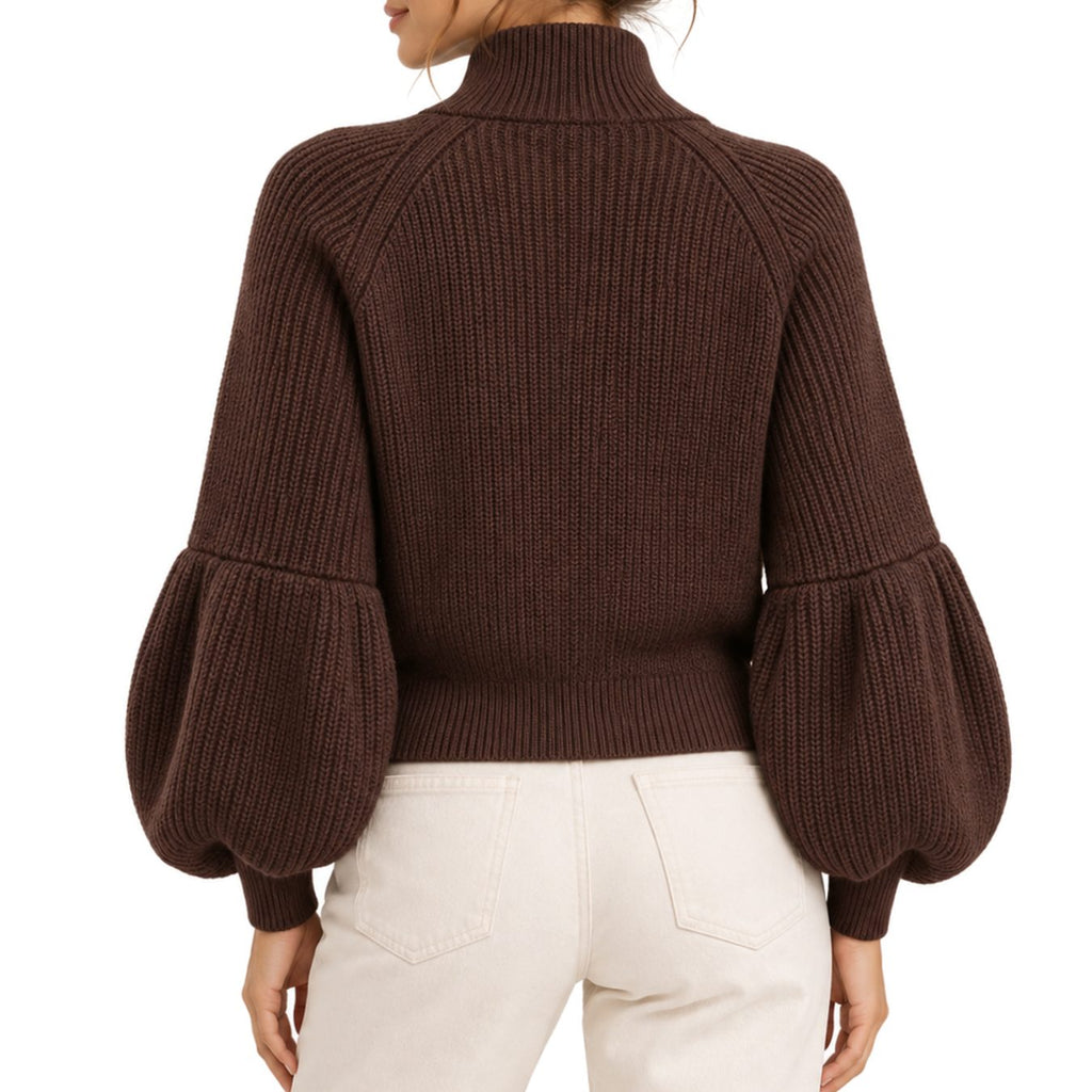 Women's Cropped Knit Cardigan Puff Sleeve High-Collar Zip-Up Sweater