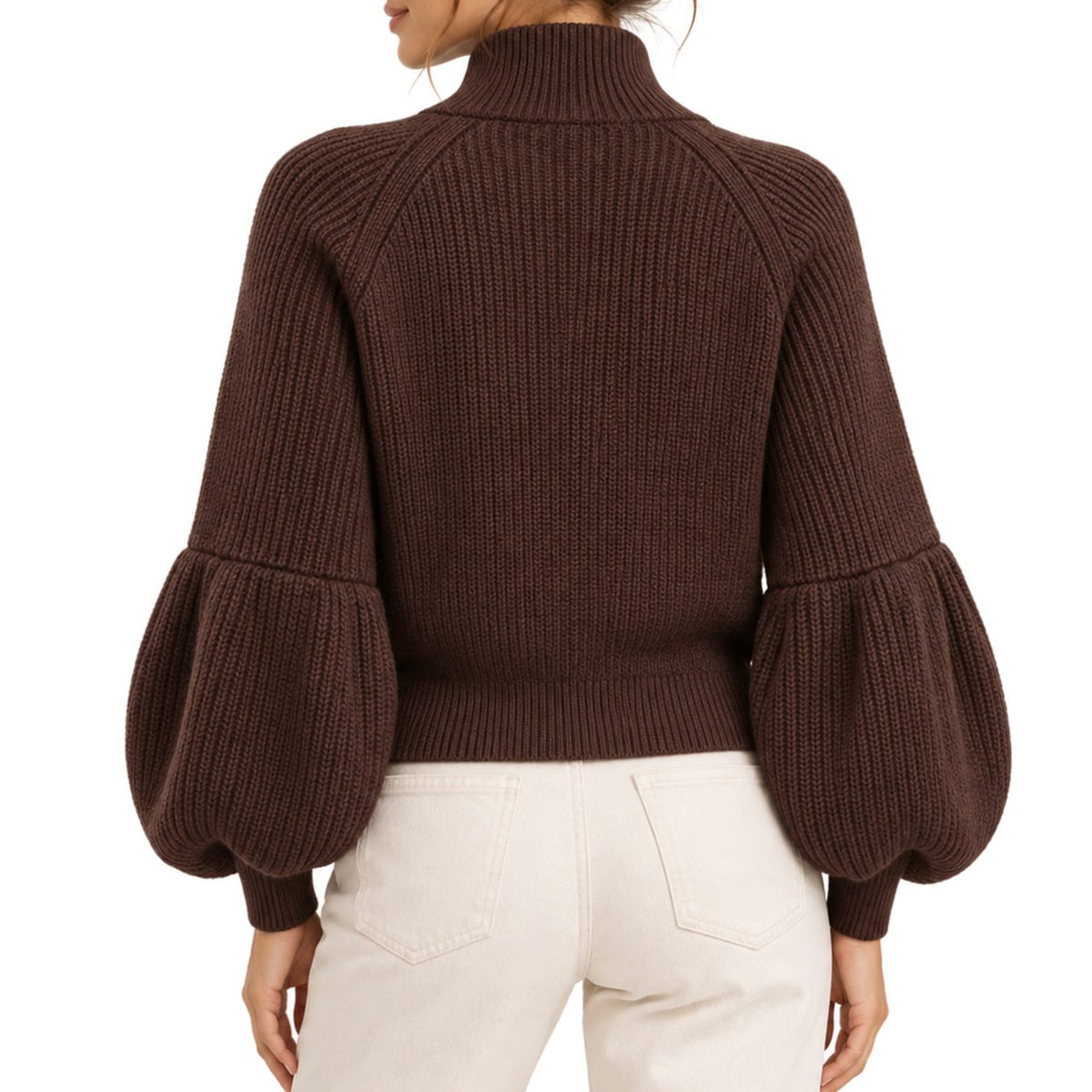 Women's Cropped Knit Cardigan Puff Sleeve High-Collar Zip-Up Sweater