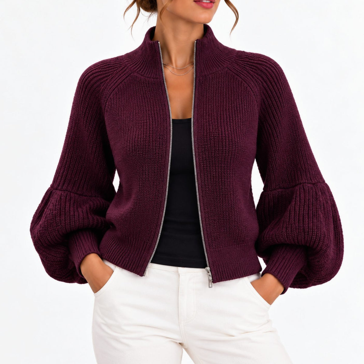 Women's Cropped Knit Cardigan Puff Sleeve High-Collar Zip-Up Sweater - Purple