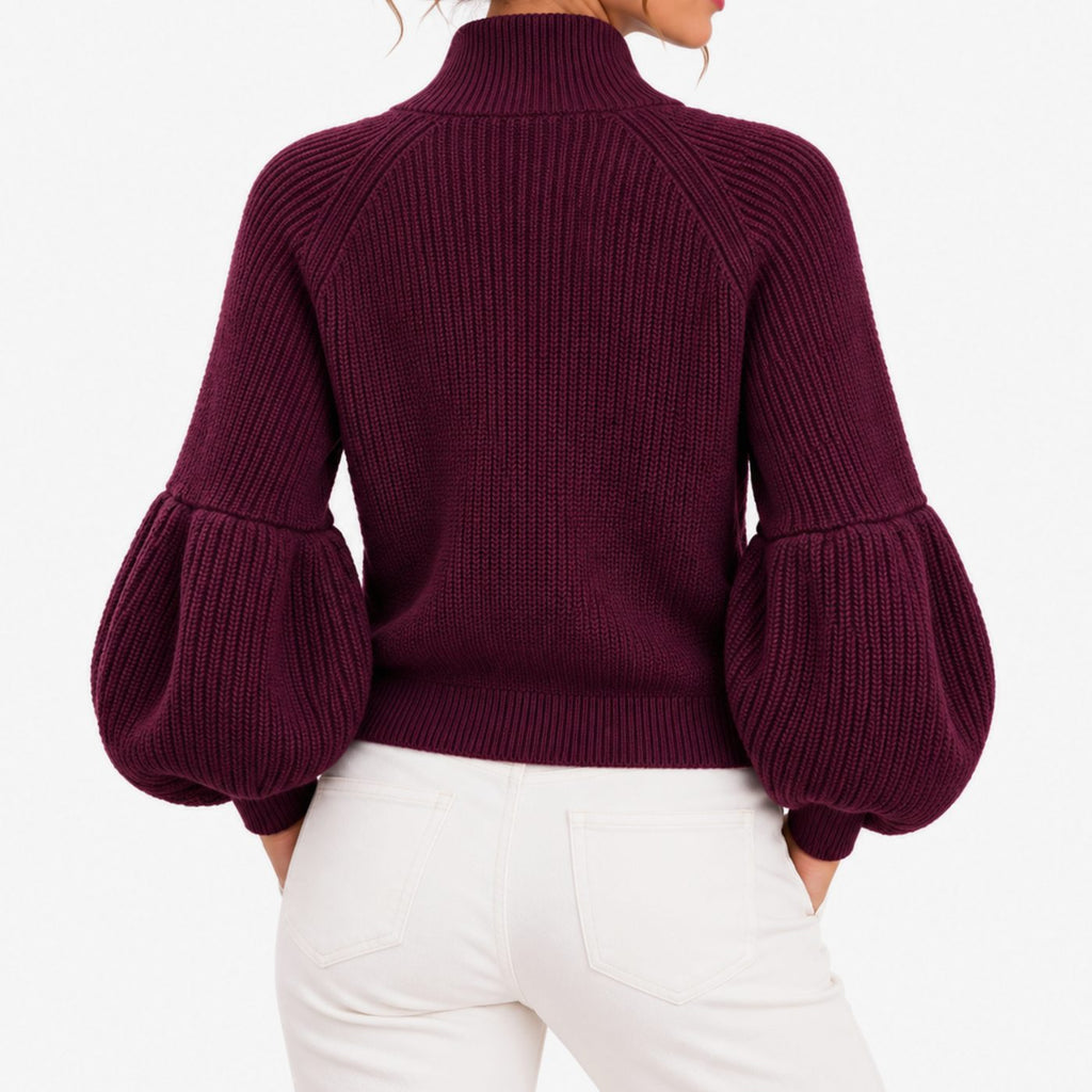 Women's Cropped Knit Cardigan Puff Sleeve High-Collar Zip-Up Sweater